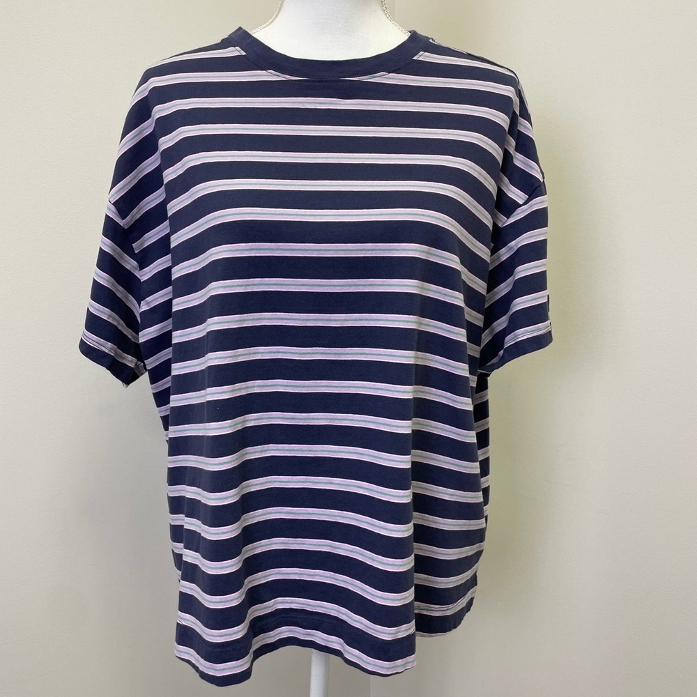 Old Navy Vintage Tee Womens 2X Navy Blue Purple Green Striped Boxy T-Shirt